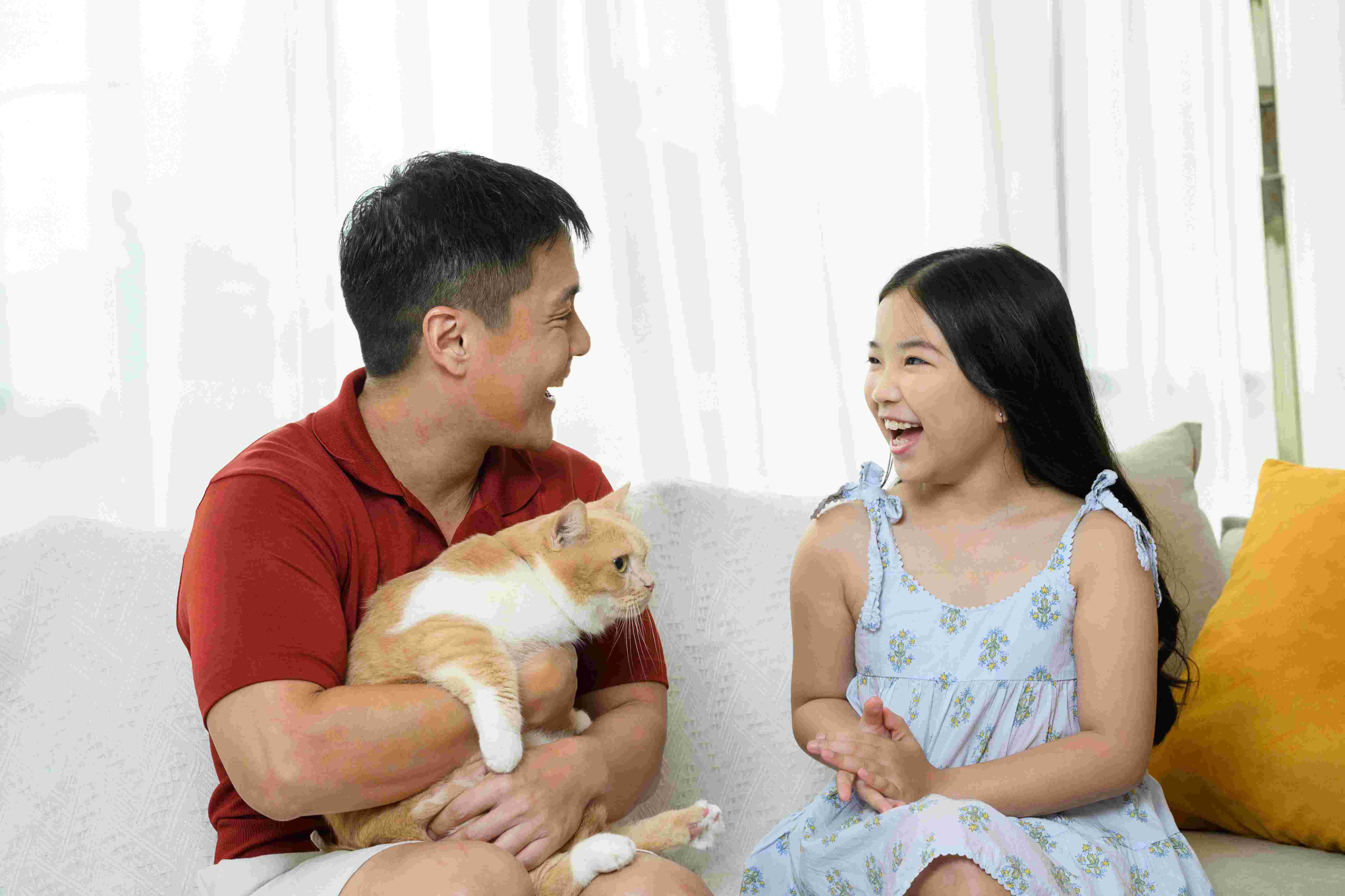 沙发上，一位人物抱着一只橘白色的猫，旁边坐着另一位穿浅色连衣裙的人，两人面向彼此交谈，背景是明亮的室内和靠垫。